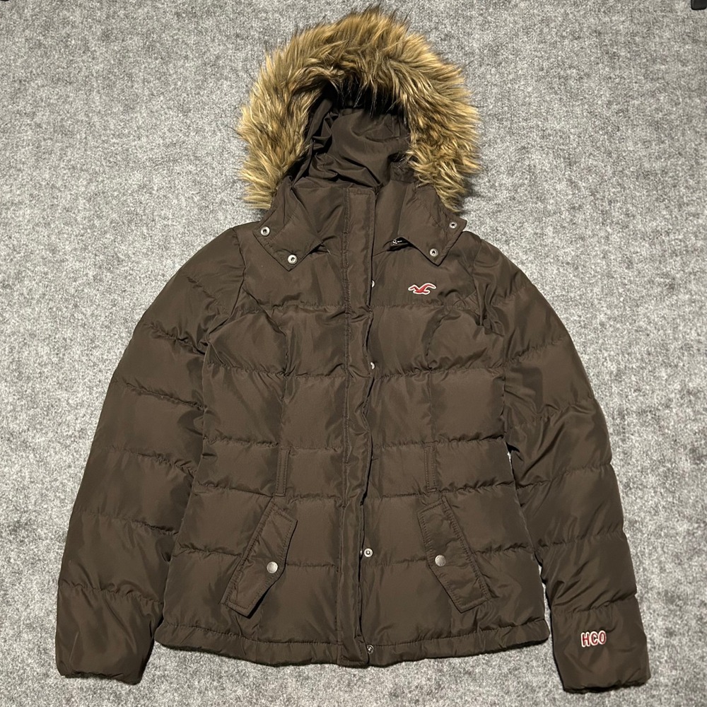 Vintage Hollister Brown Puffer Jacket Faux Fur Hood Quilted Winter Coat Medium